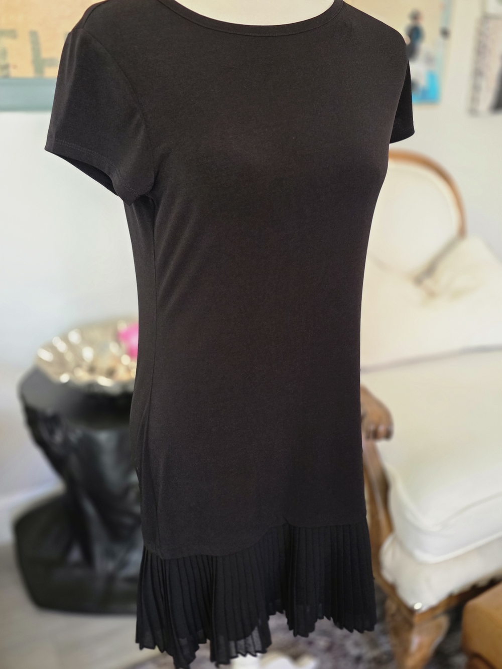 Michael Kors Black Short-Sleeve Dress with Pleated Hem